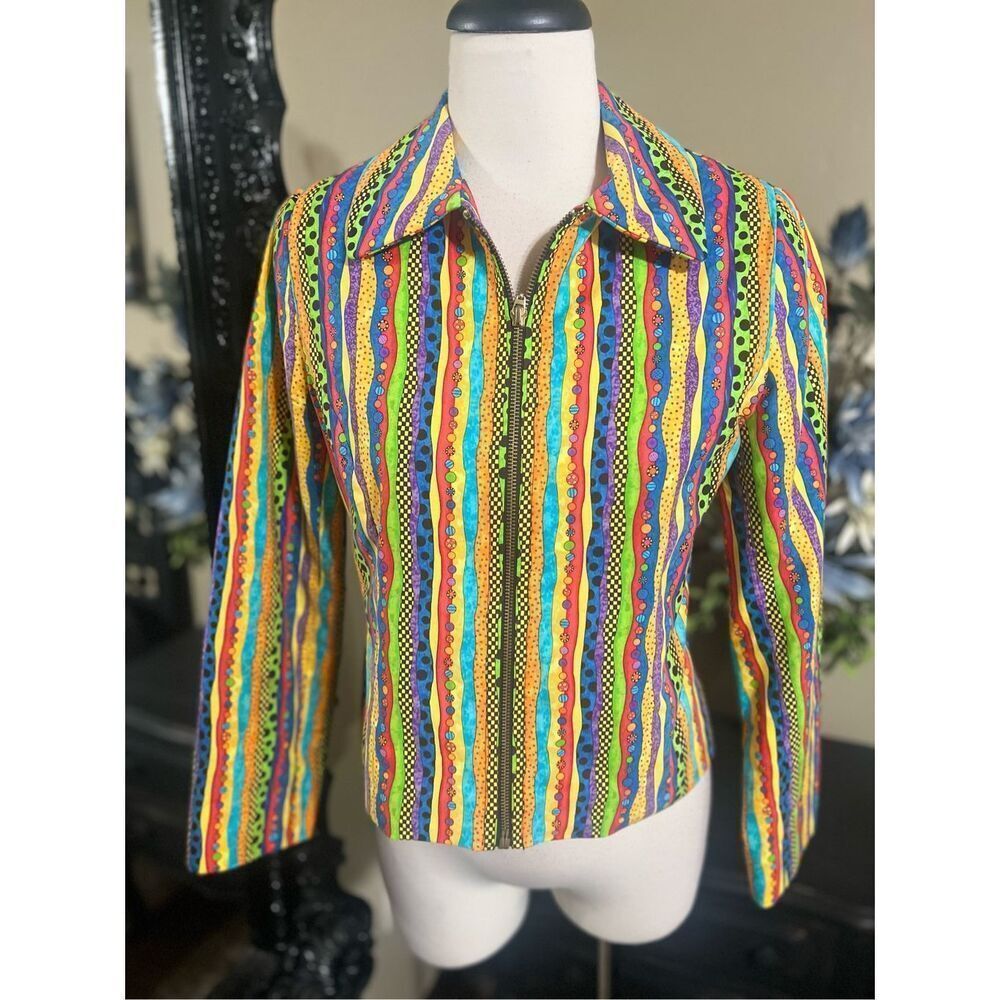 Lorizoni Vintage 90s Colorful Striped Jacket Women’s XS Rainbow Statement Zip Bl